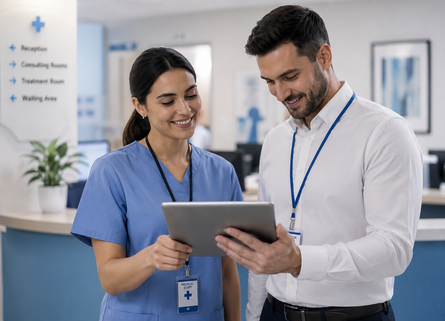 Medical staff member and practice administrator reviewing patient scheduling in a clinic reception